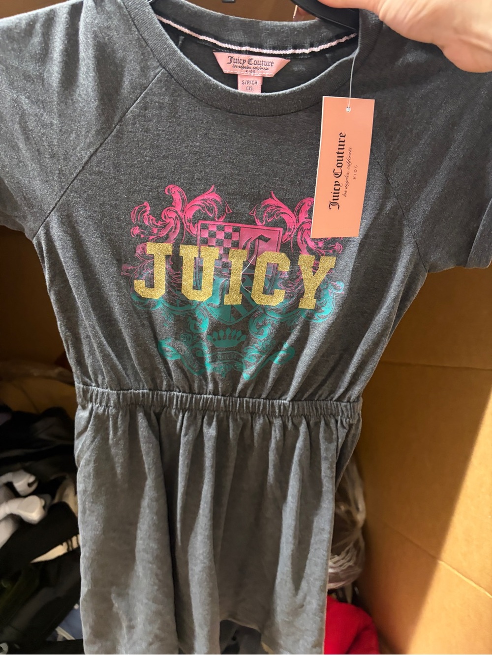 Sz small 6/7 juicy Couture Gray Girls' Logo Dress with Pink glitter new